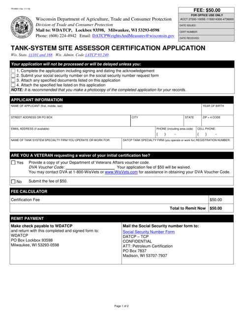 Form TR-WM-110A Tank-System Site Assessor Certification Application - Wisconsin