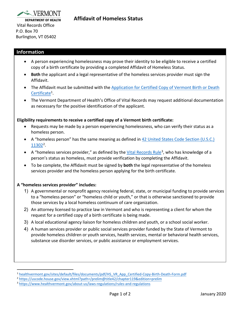 Affidavit of Homeless Status - Vermont, Page 1