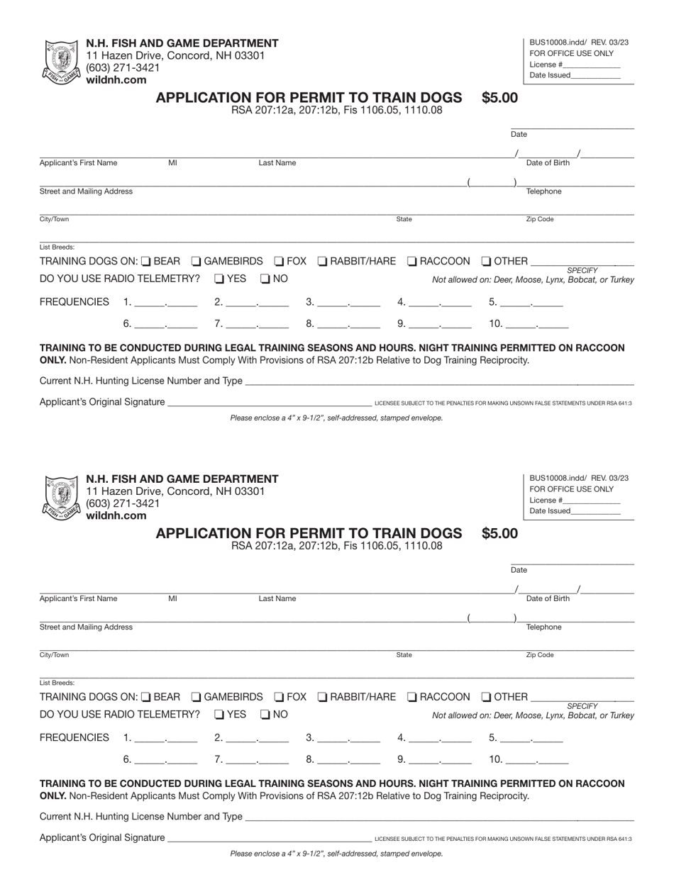 Form BUS10008 Application for Permit to Train Dogs - New Hampshire, Page 1