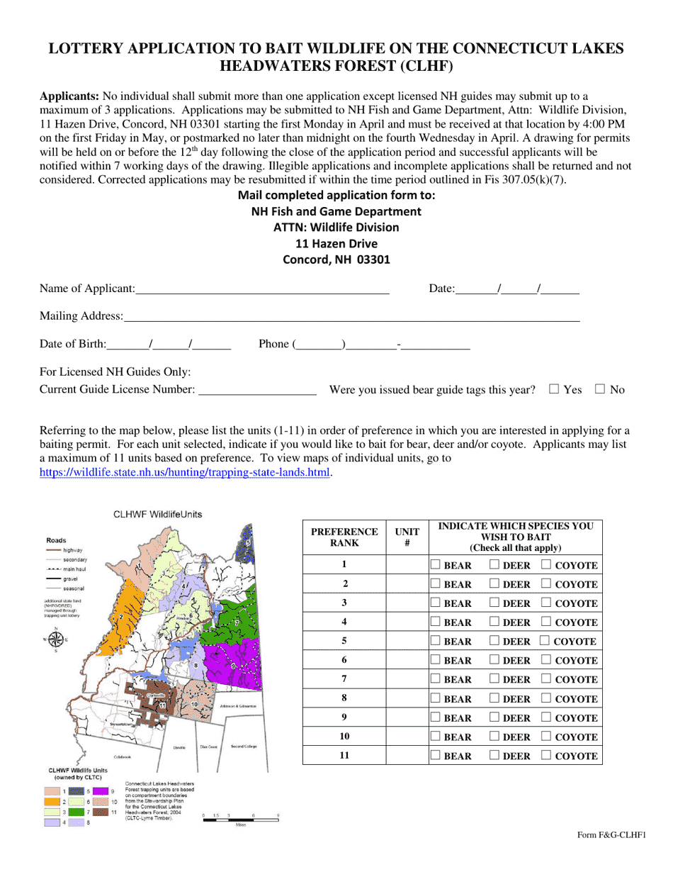 Form FG-CLHF1 Lottery Application to Bait Wildlife on the Connecticut Lakes Headwaters Forest (Clhf) - New Hampshire, Page 1