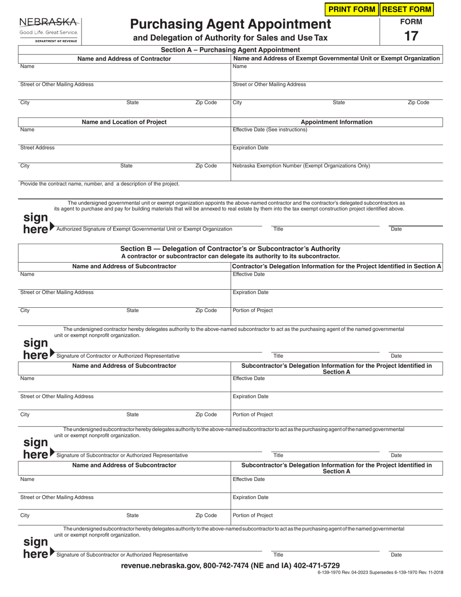 Form 17 Purchasing Agent Appointment and Delegation of Authority for Sales and Use Tax - Nebraska, Page 1