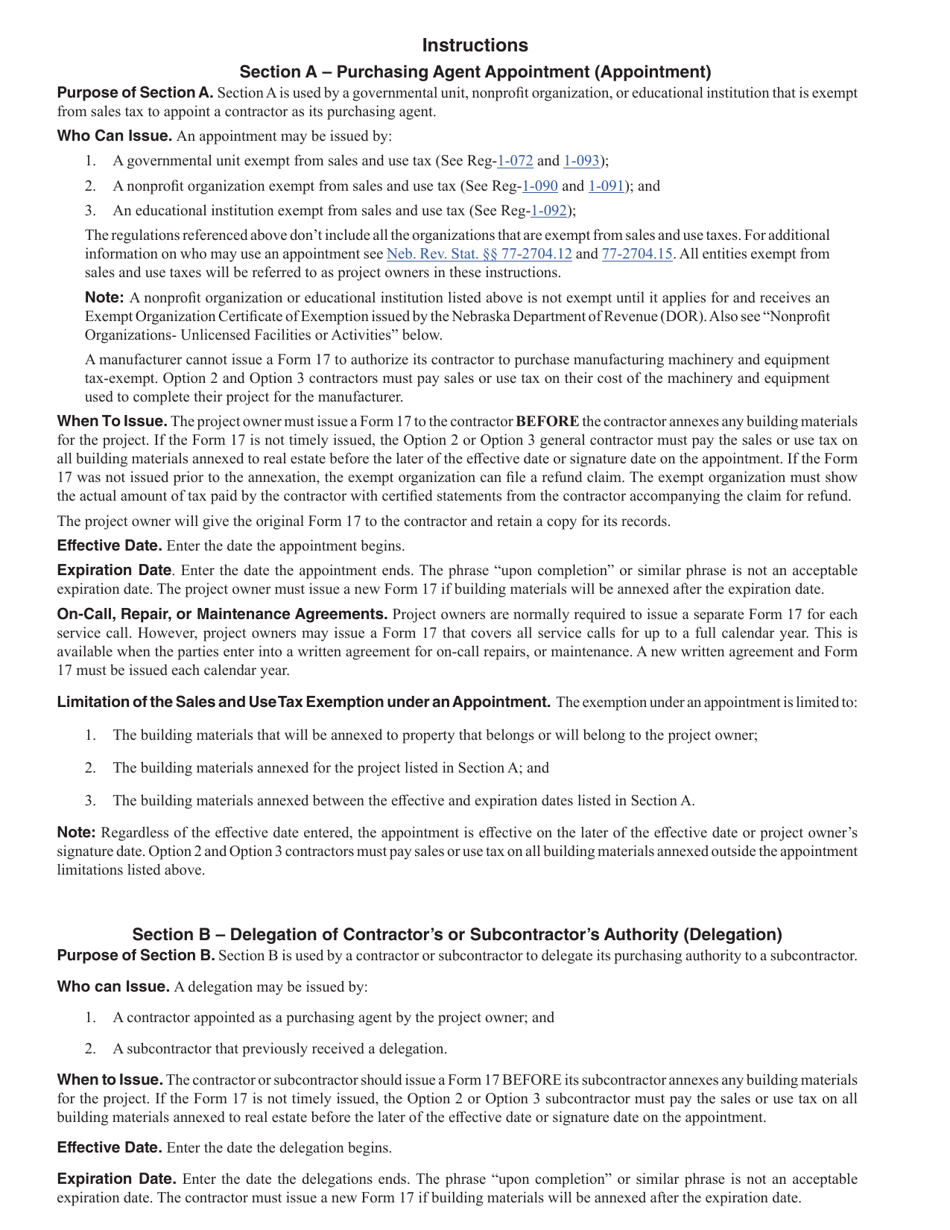 Form 17 Purchasing Agent Appointment and Delegation of Authority for Sales and Use Tax - Nebraska, Page 2
