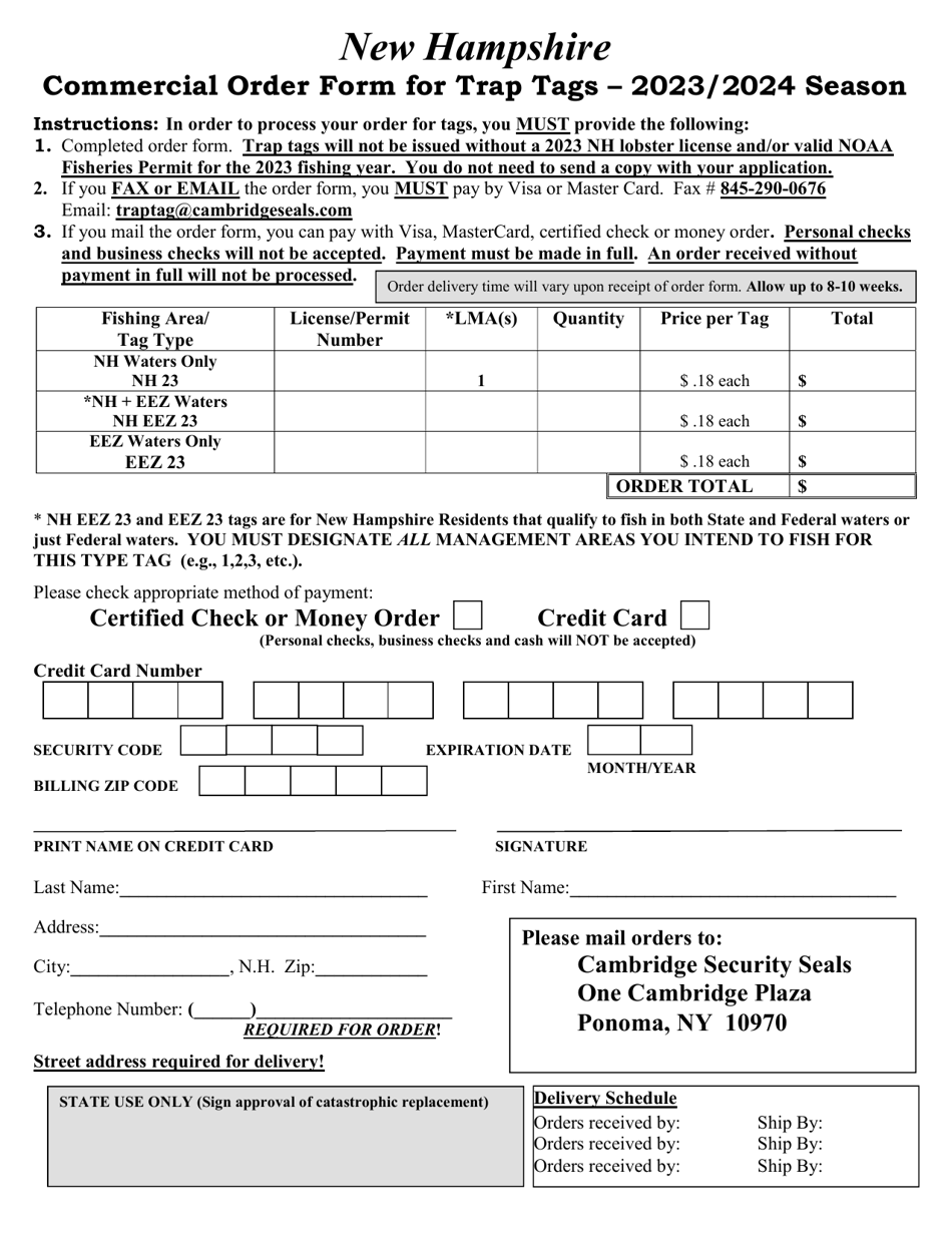Commercial Order Form for Trap Tags - New Hampshire, Page 1