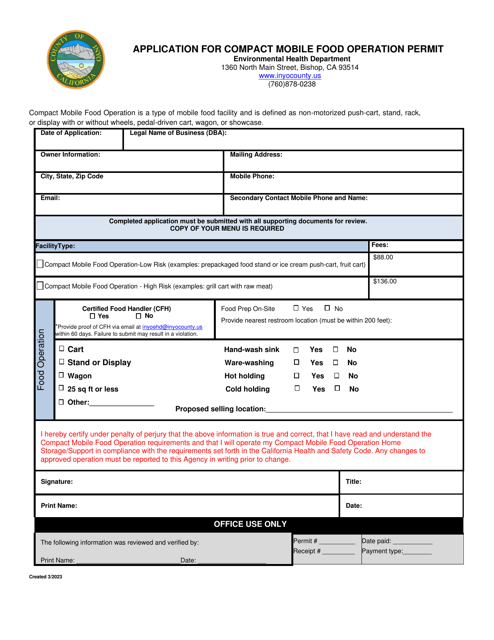 Application for Compact Mobile Food Operation Permit - Inyo County, California Download Pdf