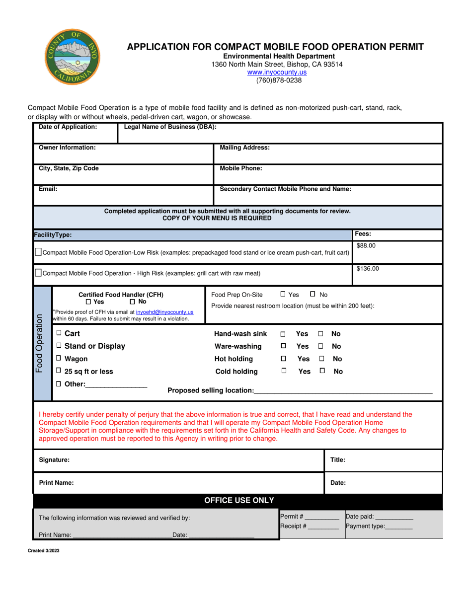 Application for Compact Mobile Food Operation Permit - Inyo County, California, Page 1