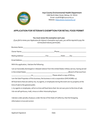 Document preview: Application for Veteran's Exemption for Retail Food Permit - Inyo County, California