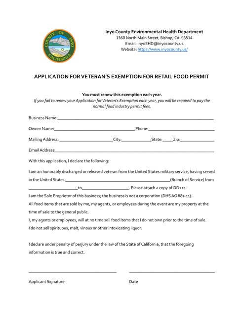 Application for Veteran's Exemption for Retail Food Permit - Inyo County, California Download Pdf