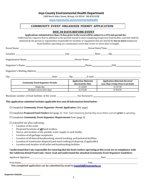Community Event Organizer Permit Application - Inyo County, California Download Pdf