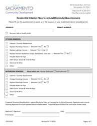 Document preview: Form CDD-0162 Residential Interior (Non-structural) Remodel Questionnaire - City of Sacramento, California