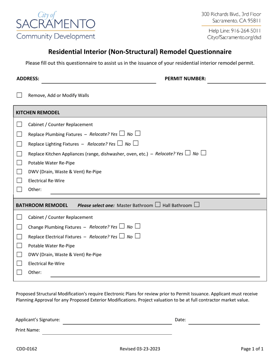Form CDD-0162 Residential Interior (Non-structural) Remodel Questionnaire - City of Sacramento, California, Page 1