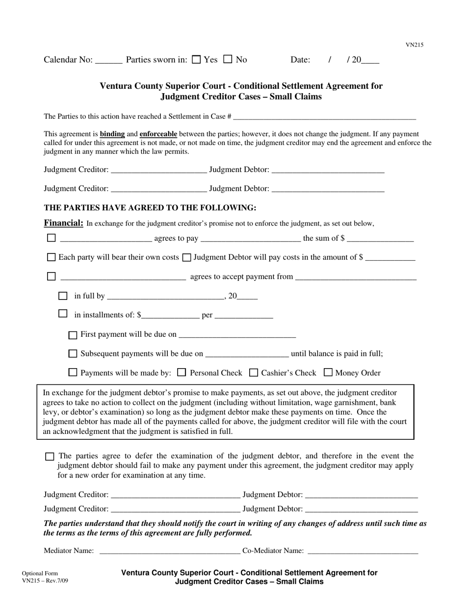 Form VN215 Conditional Settlement Agreement for Judgment Creditor Cases - Small Claims - County of Ventura, California, Page 1