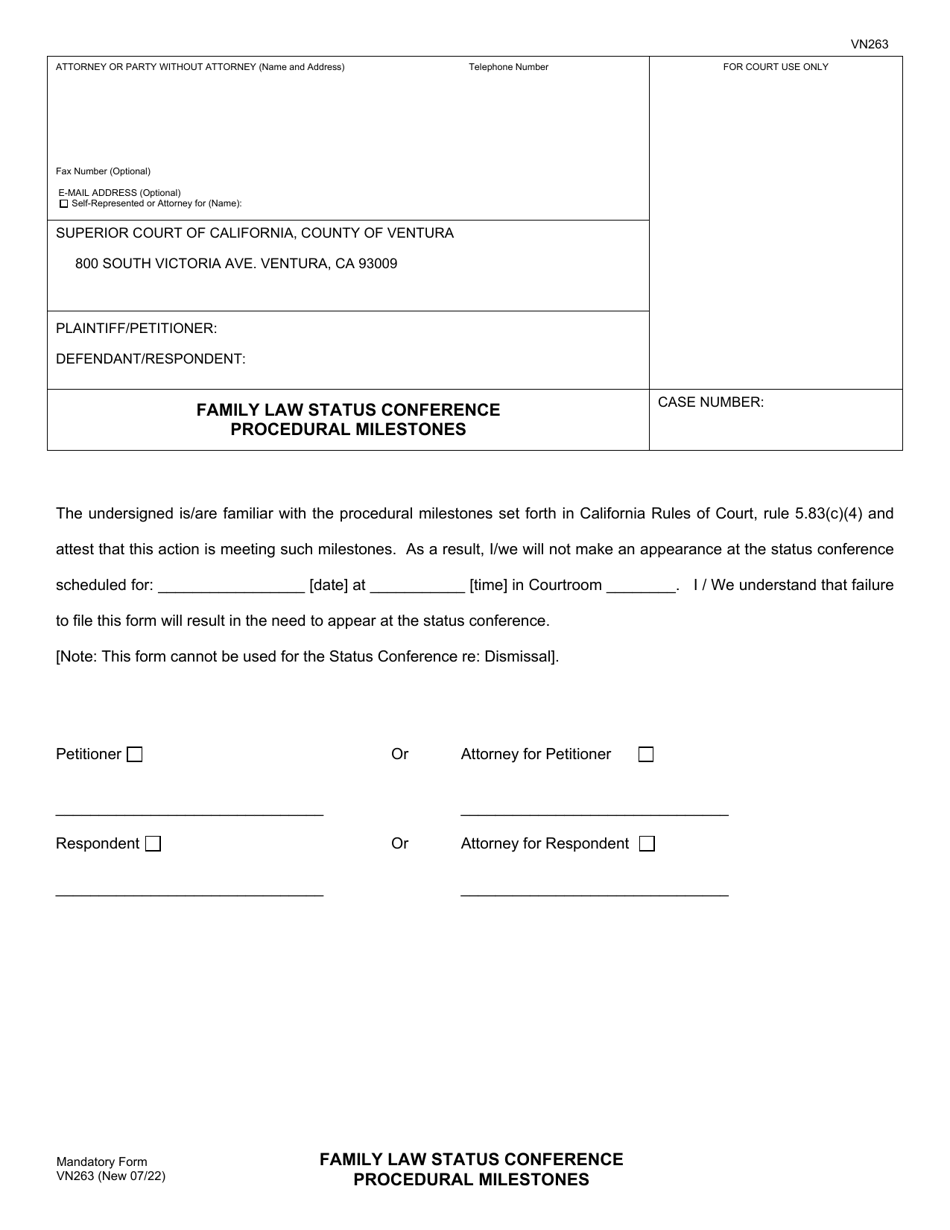 Form VN263 Family Law Status Conference Procedural Milestones - County of Ventura, California, Page 1