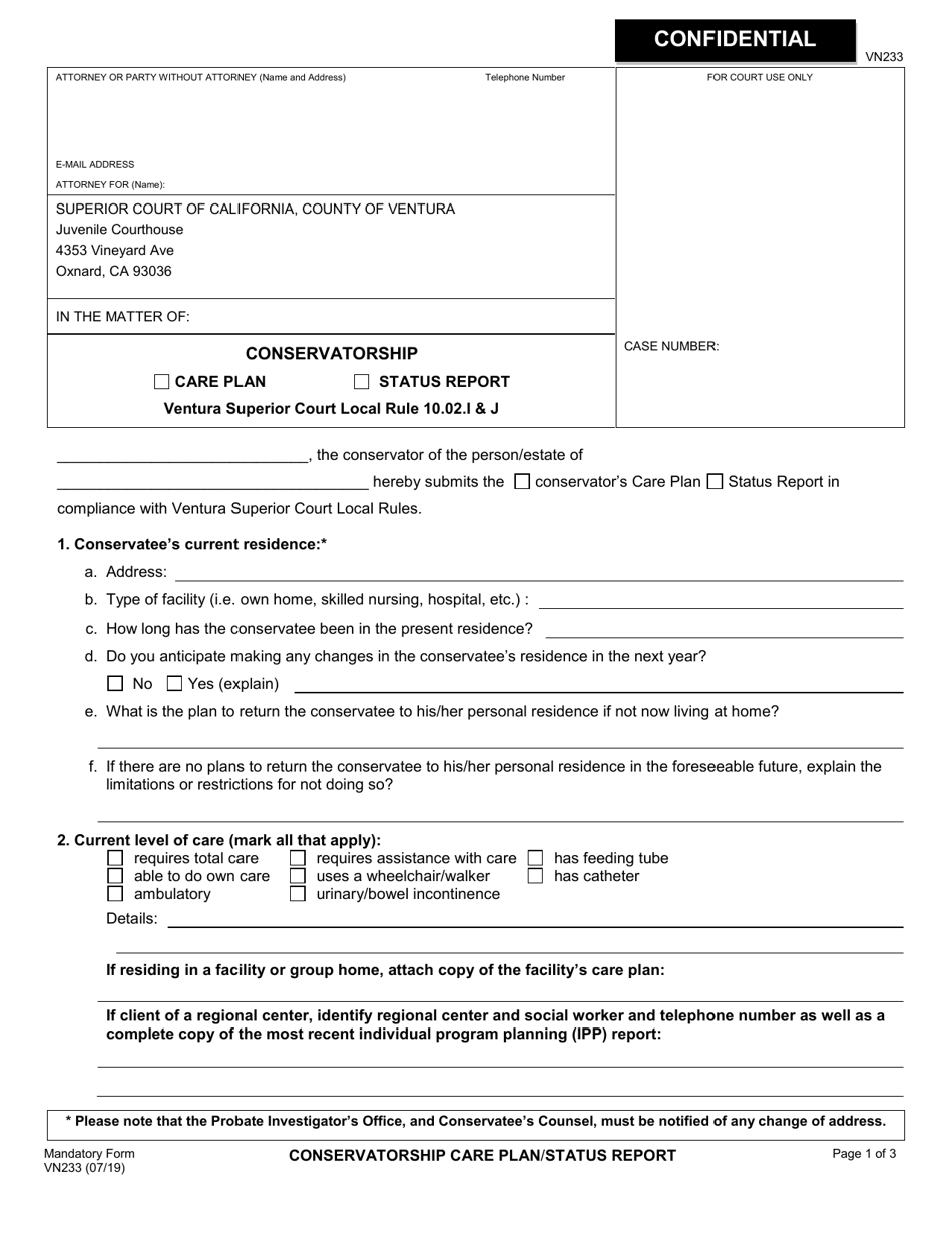 Form VN233 Conservatorship Care Plan / Status Report - County of Ventura, California, Page 1