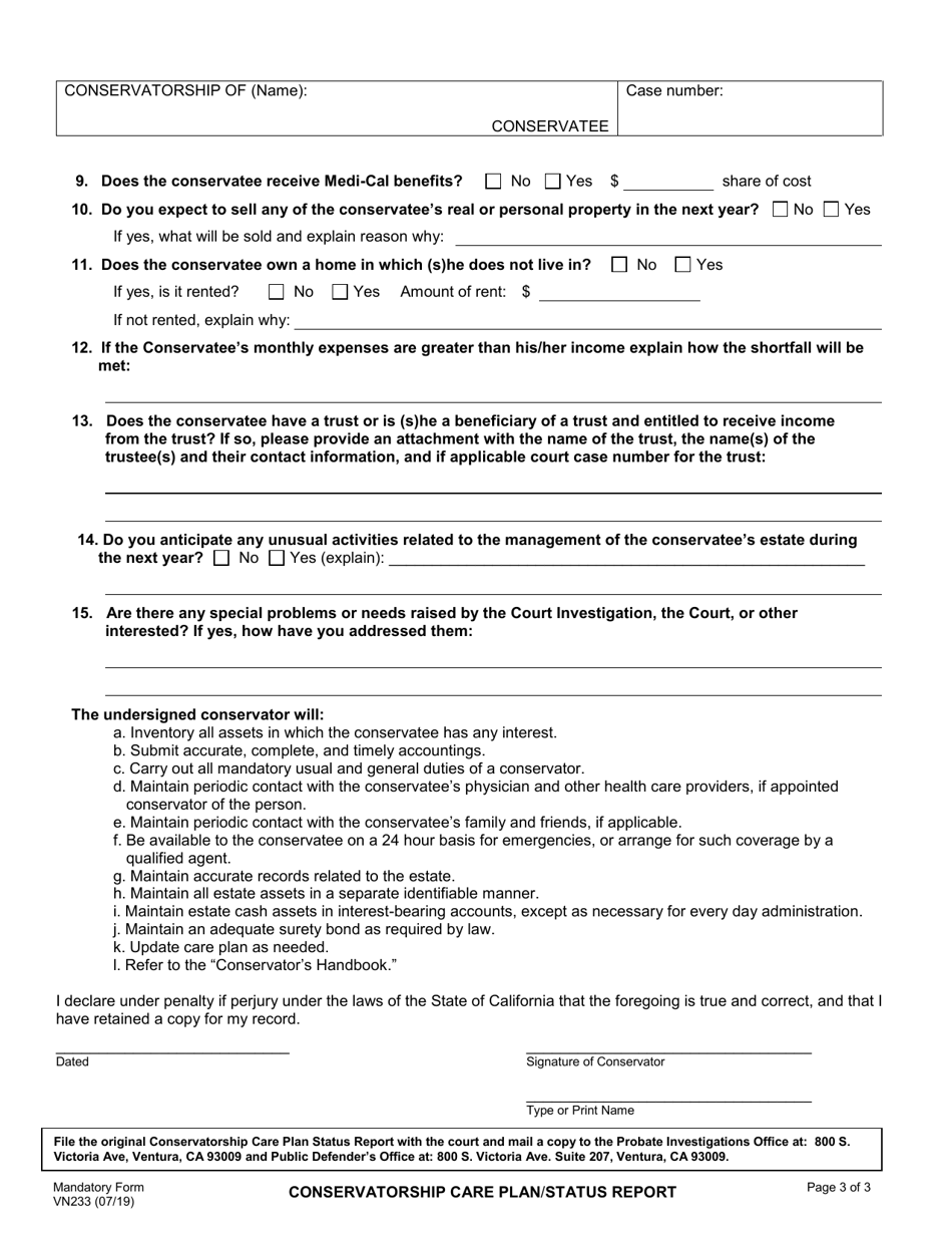 Form VN233 Conservatorship Care Plan / Status Report - County of Ventura, California, Page 3