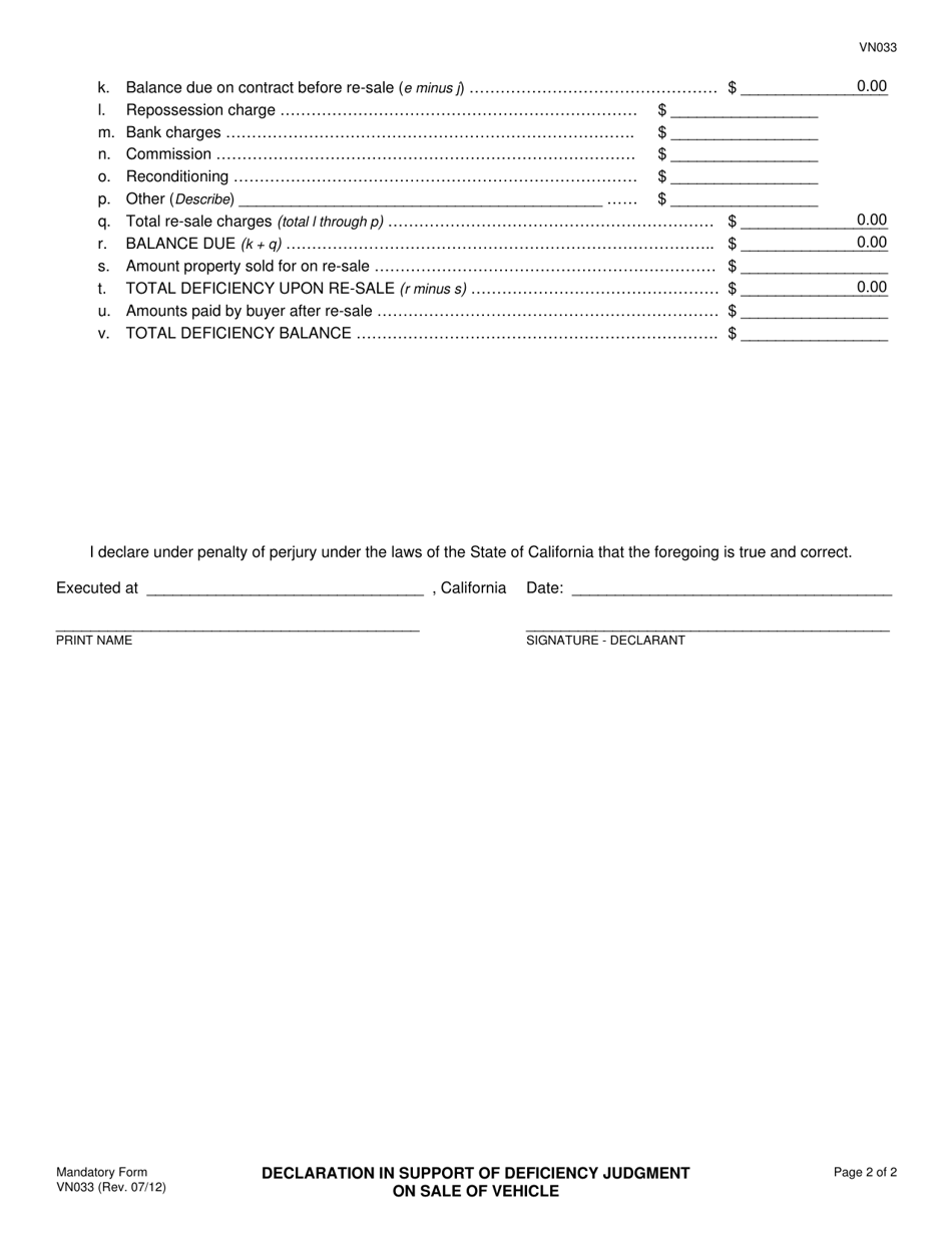 Form VN033 Declaration in Support of Deficiency Judgment on Sale of Vehicle - County of Ventura, California, Page 2