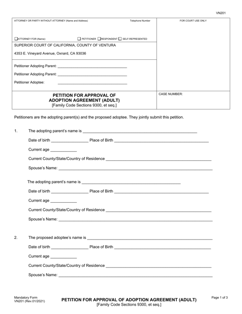 Form VN201 Petition for Approval of Adoption Agreement (Adult) - County of Ventura, California