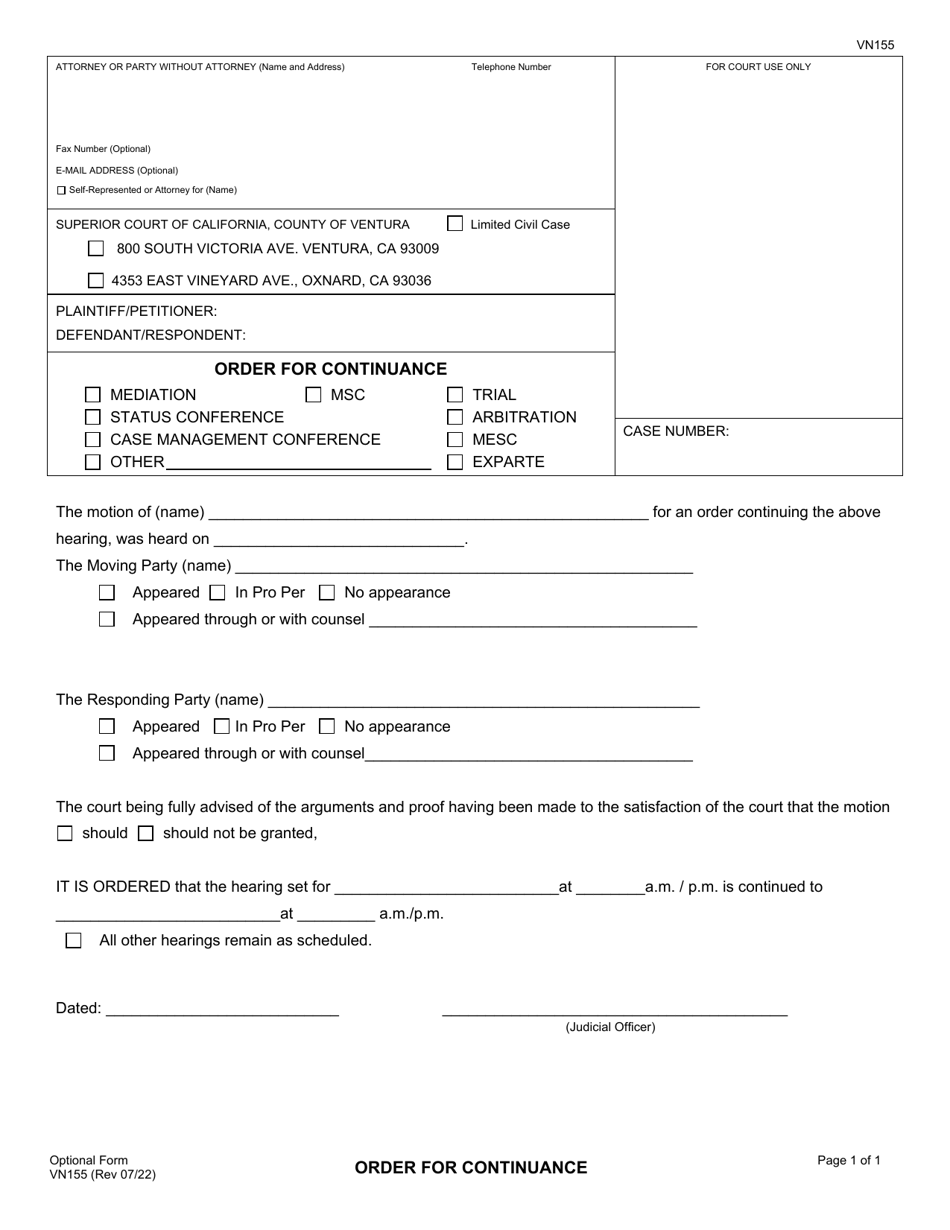Form VN155 Order for Continuance - County of Ventura, California, Page 1