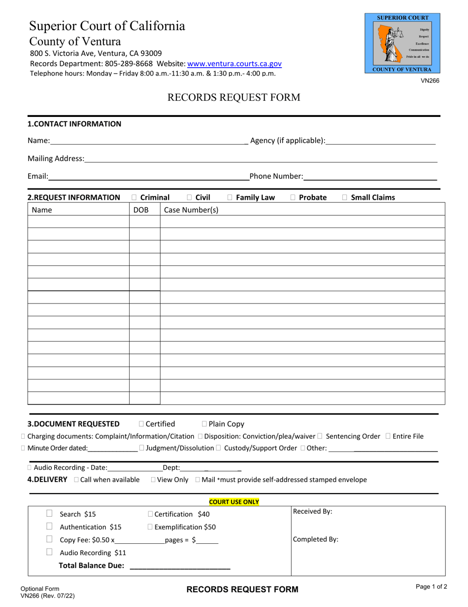 Form VN266 Records Request Form - County of Ventura, California, Page 1
