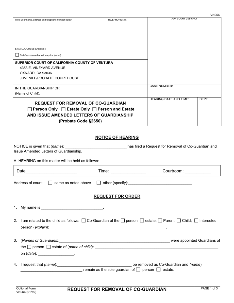 Form VN256 Request for Removal of Co-guardian - County of Ventura, California, Page 1