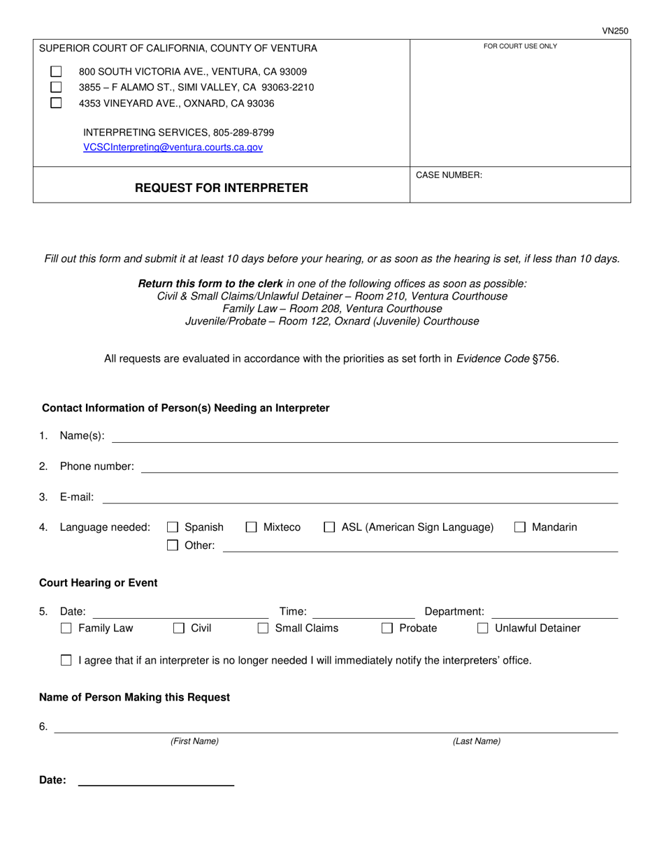 Form VN250 Request for Interpreter - County of Ventura, California, Page 1