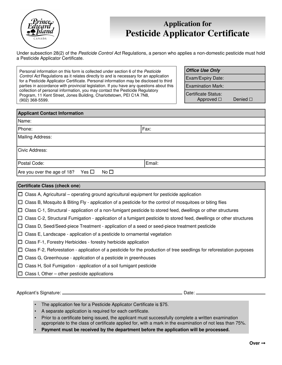 Application for Pesticide Applicator Certificate - Prince Edward Island, Canada, Page 1