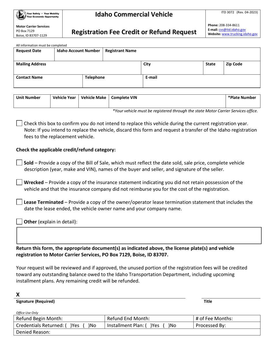 Form ITD3072 Registration Fee Credit or Refund Request - Idaho, Page 1