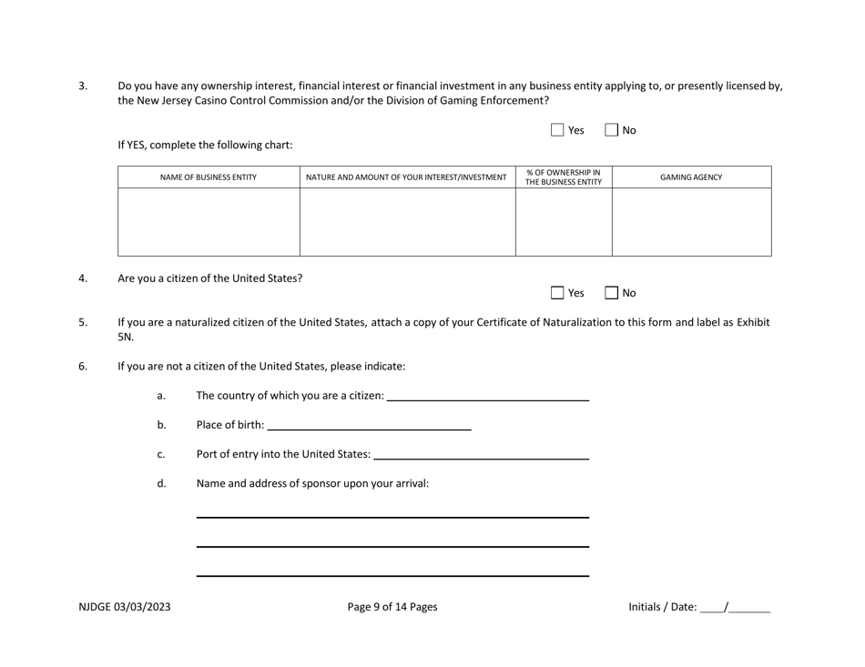 New Jersey Supplemental Form to the Multi-Jurisdictional Personal History Disclosure Form - Casino Qualifiers / Casino Key Employee Qualifiers - New Jersey, Page 10