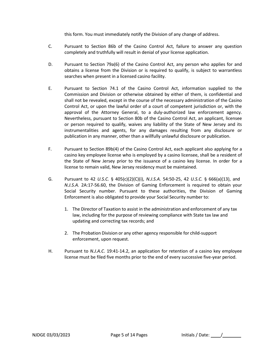 New Jersey Supplemental Form to the Multi-Jurisdictional Personal History Disclosure Form - Casino Qualifiers / Casino Key Employee Qualifiers - New Jersey, Page 6