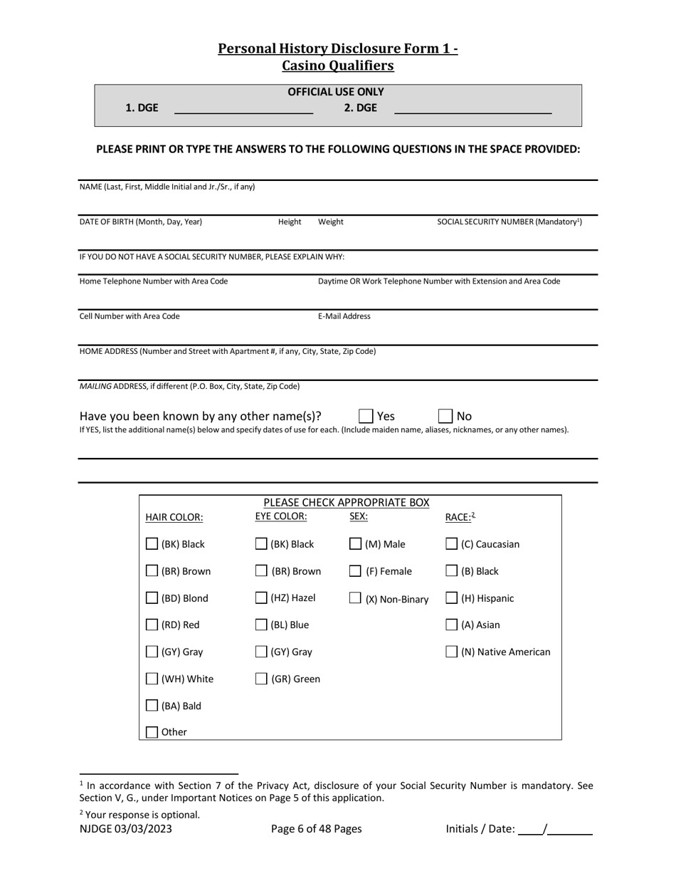 Form 1 Personal History Disclosure Form - Casino Qualifiers - New Jersey, Page 7