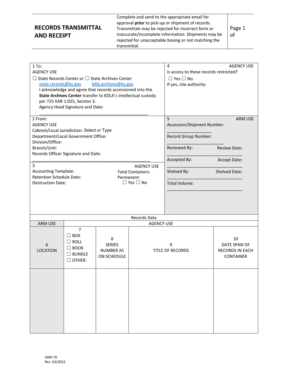 Form ARM70 Records Transmittal and Receipt - Kentucky, Page 1