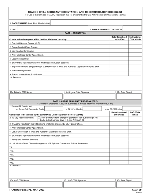 TRADOC Form 378 Tradoc Drill Sergeant Orientation and Recertification Checklist
