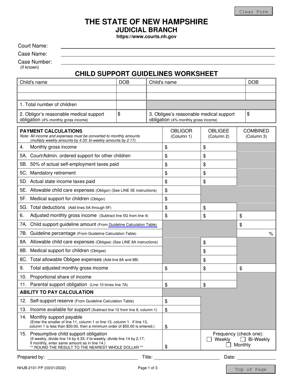 Form NHJB-2101-FP Child Support Guidelines Worksheet - New Hampshire, Page 1