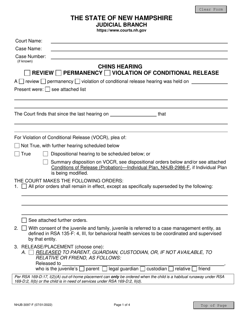 Form NHJB-3097-F Chins Hearing Review / Permanency / Violation of Conditional Release - New Hampshire, Page 1