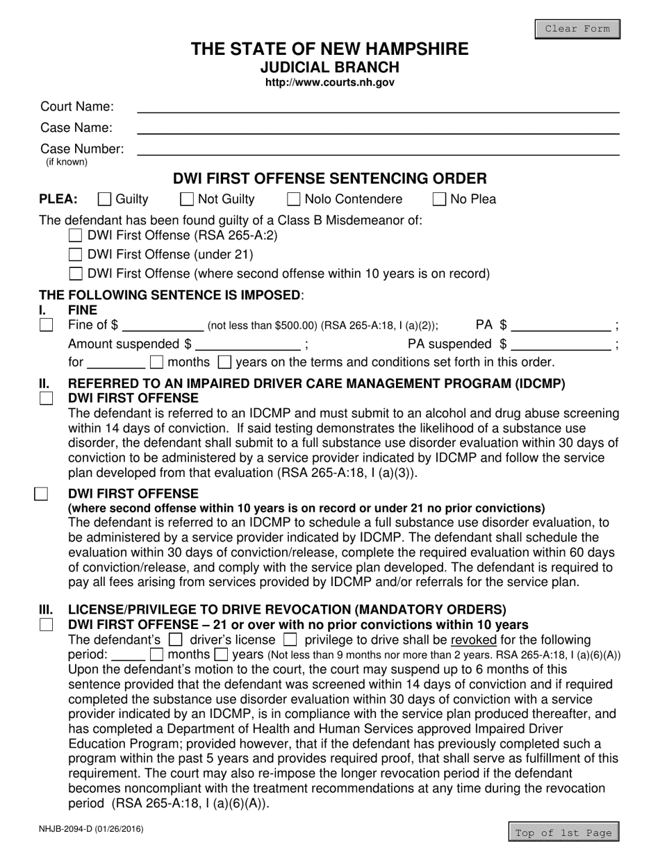 Form NHJB-2094-D Dwi First Offense Sentencing Order - New Hampshire, Page 1