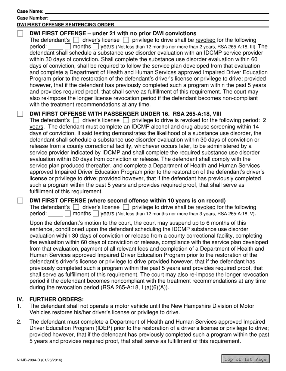Form NHJB-2094-D Dwi First Offense Sentencing Order - New Hampshire, Page 2
