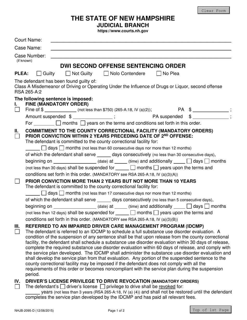 Form NHJB-2095-D Dwi Second Offense Sentencing Order - New Hampshire, Page 1