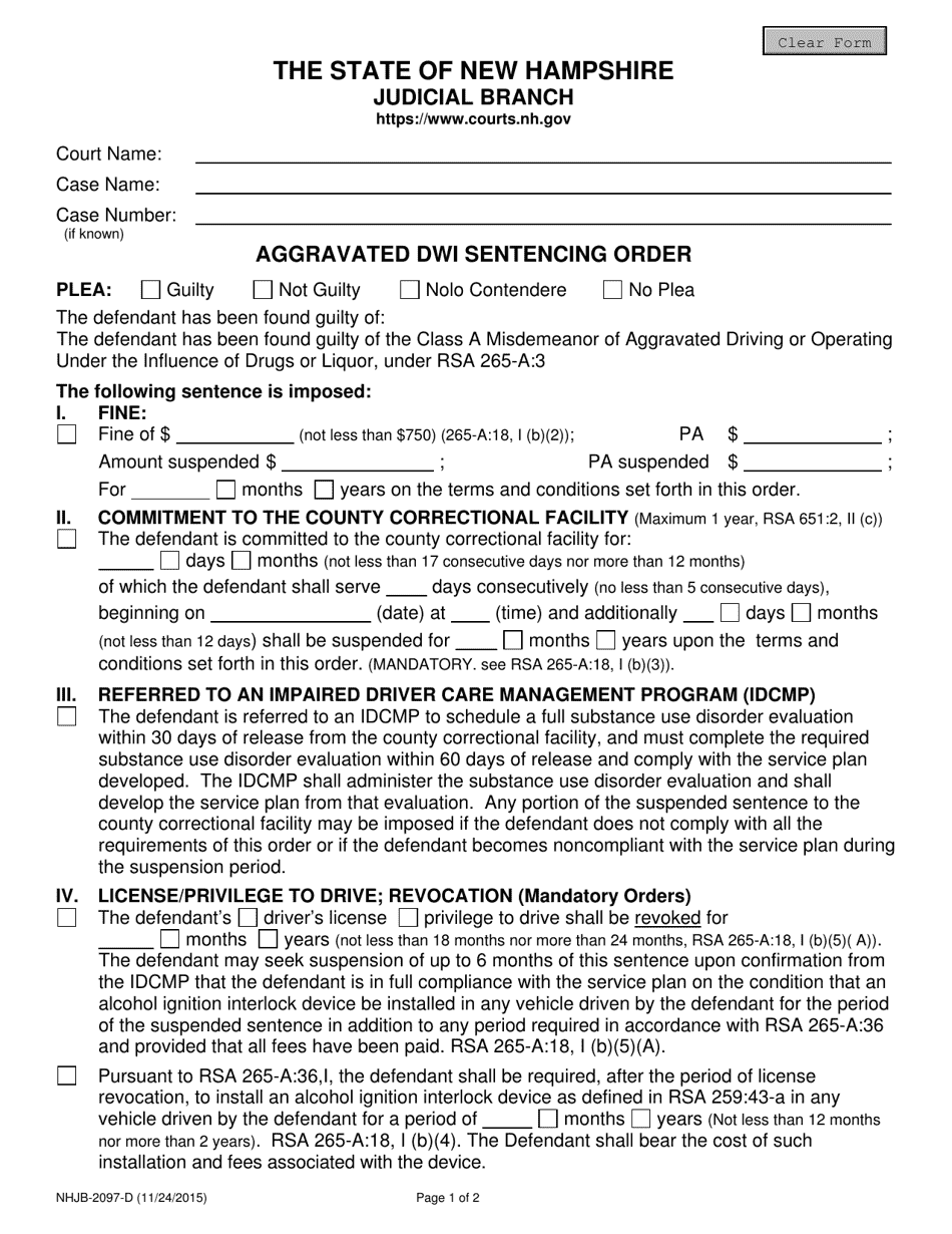 Form NHJB-2097-D Aggravated Dwi Sentencing Order - New Hampshire, Page 1