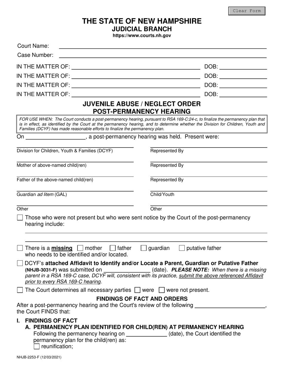 Form NHJB-2253-F Juvenile Abuse / Neglect Order Post-permanency Hearing - New Hampshire, Page 1