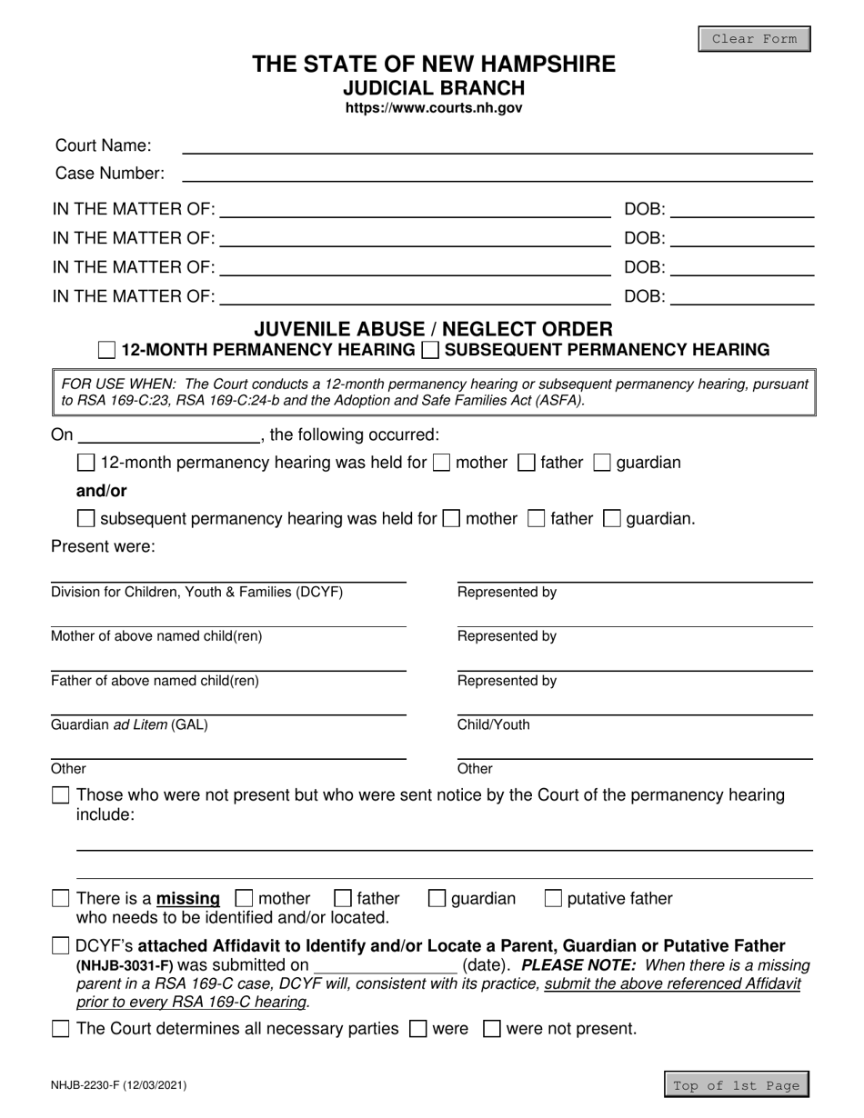Form NHJB-2230-F Juvenile Abuse / Neglect Order - New Hampshire, Page 1