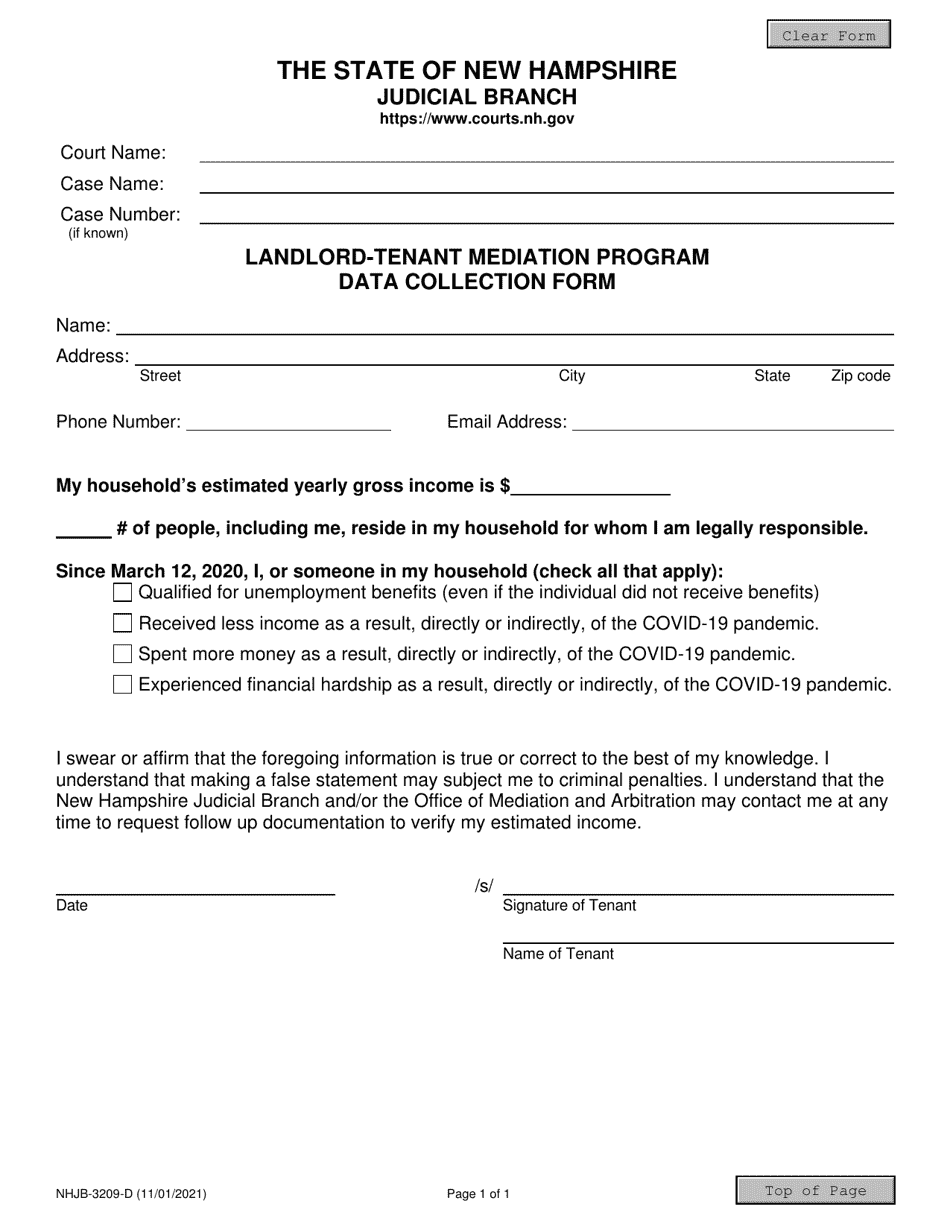Form NHJB-3209-D Landlord-Tenant Mediation Program Data Collection Form - New Hampshire, Page 1