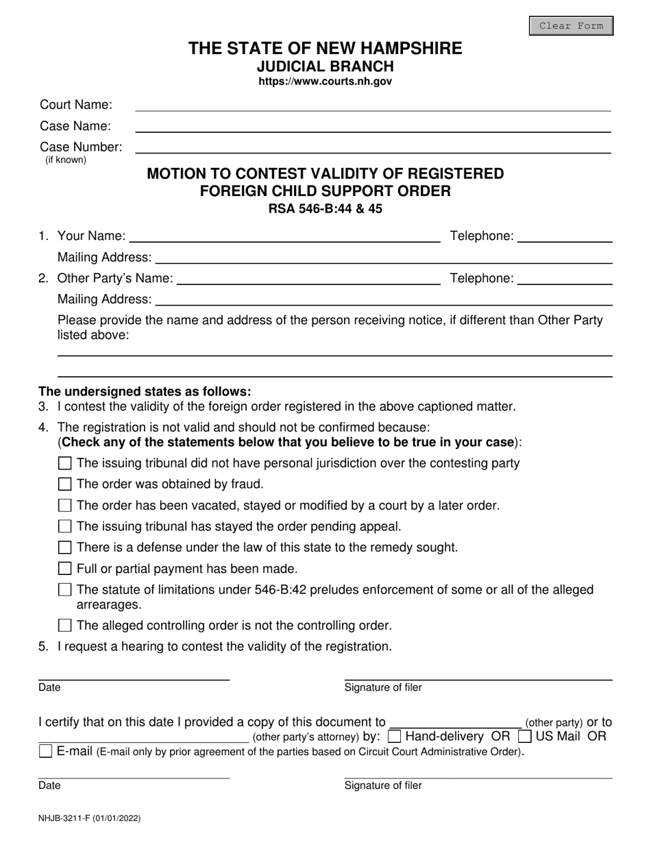 Form NHJB-3211-F Motion to Contest Validity of Registered Foreign Child Support Order - New Hampshire, Page 1