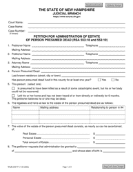 Document preview: Form NHJB-2497-P Petition for Administration of Estate of Person Presumed Dead (Rsa 553:18 and 553:19) - New Hampshire