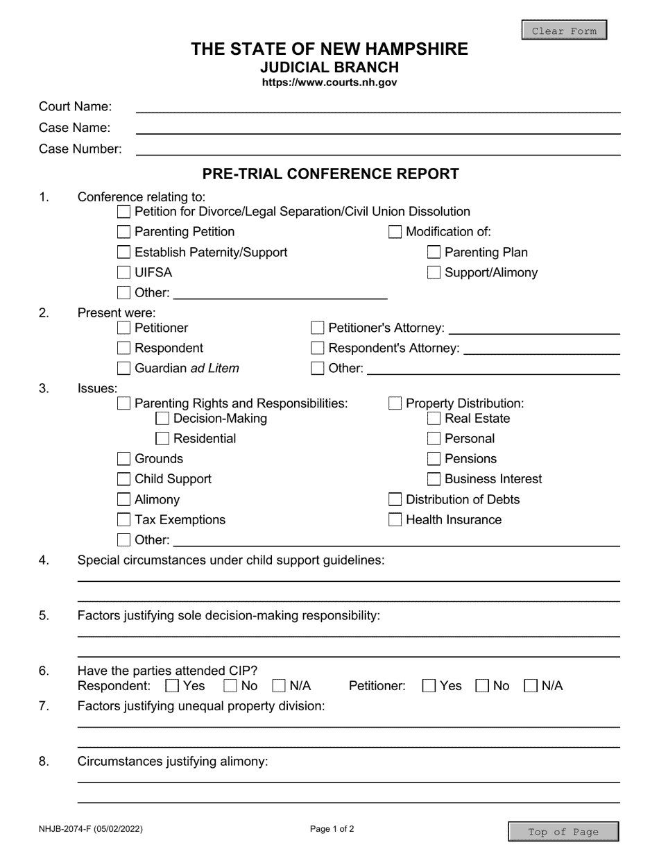 Form NHJB-2074-F Pre-trial Conference Report - New Hampshire, Page 1