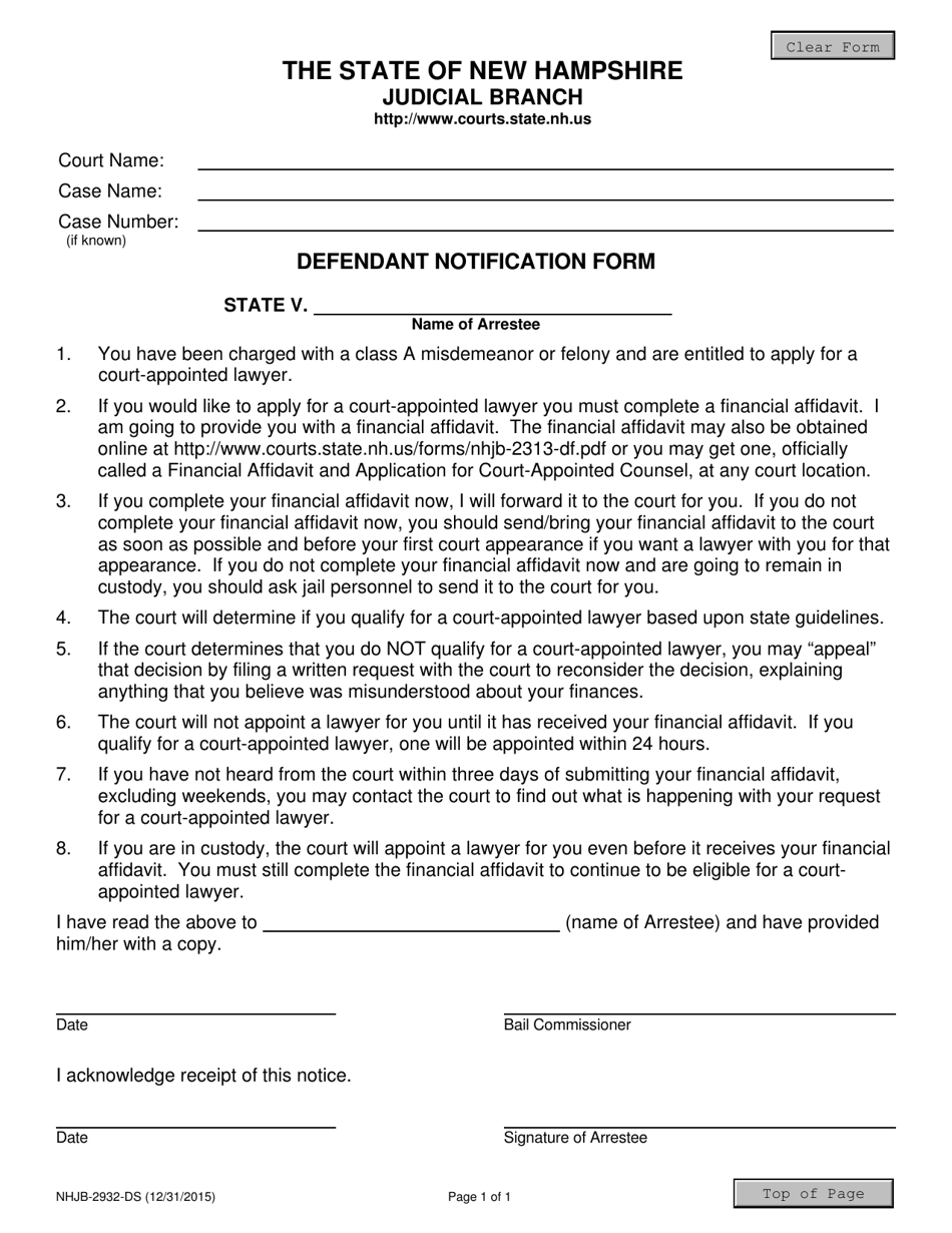 Form NHJB-2932-DS Defendant Notification Form - New Hampshire, Page 1