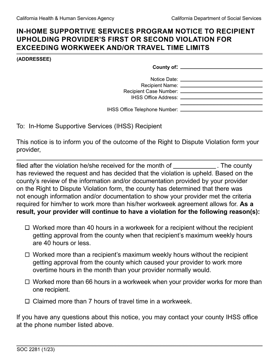 Form SOC2281 In-home Supportive Services Program Notice to Recipient Upholding Providers First or Second Violation for Exceeding Workweek and / or Travel Time Limits - California, Page 1