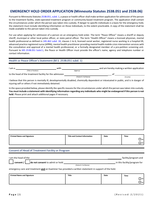 Emergency Hold Order Application - Minnesota Download Pdf