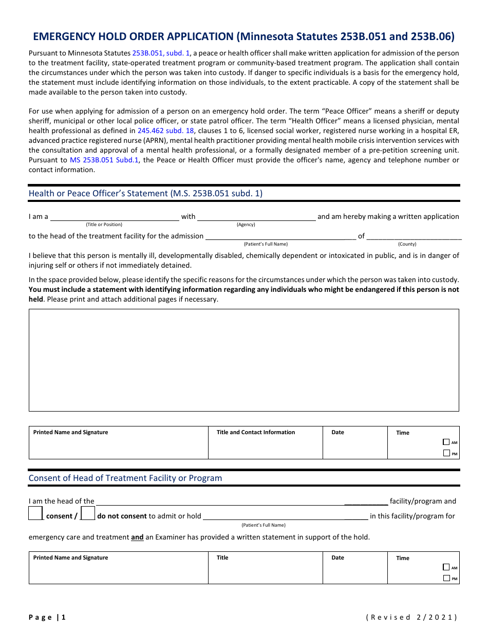 Emergency Hold Order Application - Minnesota, Page 1