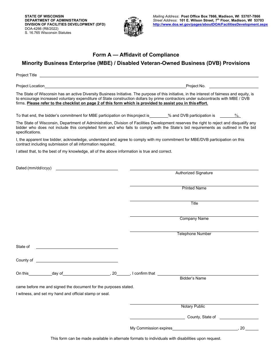 Form A (DOA-4266) Affidavit of Compliance - Minority Business Enterprise (Mbe) / Disabled Veteran-Owned Business (Dvb) Provisions - Wisconsin, Page 1