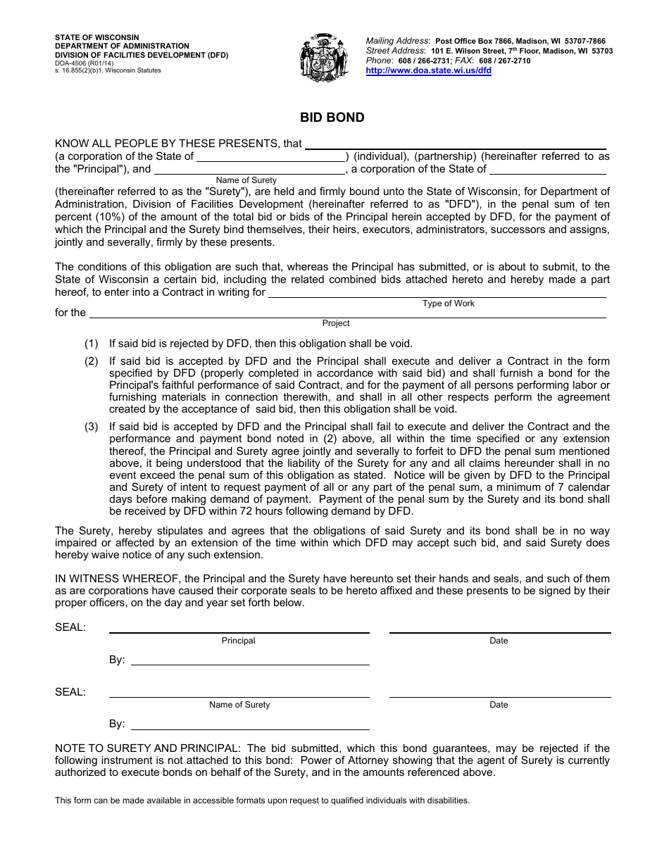 Form DOA-4506 Bid Bond - Wisconsin, Page 1