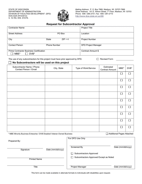 Form DOA-4225 Request for Subcontractor Approval - Wisconsin